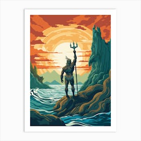 A Retro Poster Of Poseidon Holding A Trident 18 Art Print