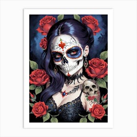 Sugar Skull Girl With Roses Painting (18) Art Print