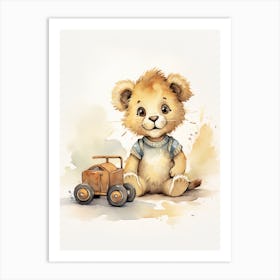 Playing With Toy Car Watercolour Lion Art Painting 1 Art Print