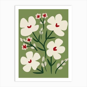 White Flowers On Green Background Art Print