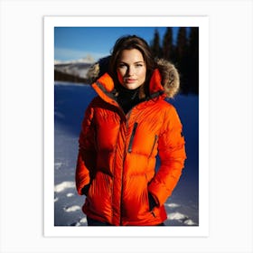 Woman in down jacket in a snowy forest 2 Art Print