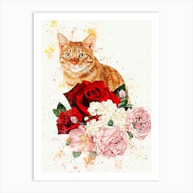 Cat With Roses Art Print