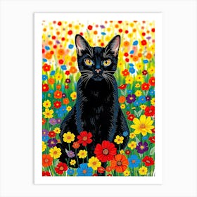 Black Cat In Flowers watercolors Art Print