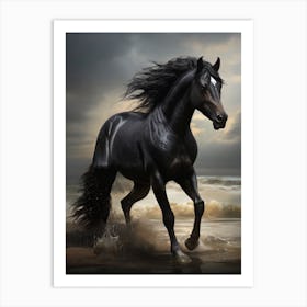 Black Horse Running On The Beach Art Print