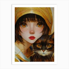 Anime Girl With A Cat Art Print