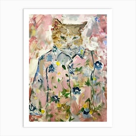 Animal Party: Crumpled Cute Critters with Cocktails and Cigars Cat In Floral Shirt 1 Art Print