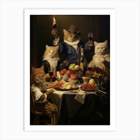 Medieval Cats Banqueting On Luxury Food Art Print