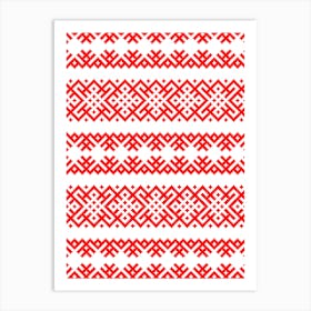 Ethno Slavic Pattern - Bogoroditsa - Symbol Horizontal - Pagan Obereg - Scarlet Red on White Ornament Art Print