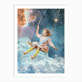 Little Girl Swinging In Space Art Print