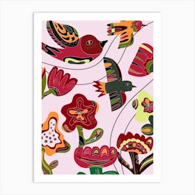 stylized birds and flowers folk art motifs 4 Art Print