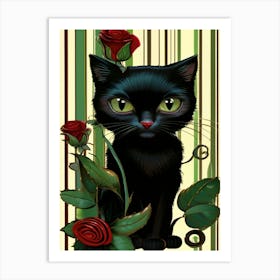 Black Cat With Roses Art Print