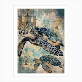 Ornamental Blue & Gold Sea Turtles Art Print