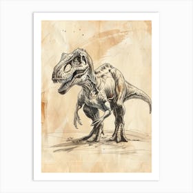 Allosaurus Dinosaur Black Ink & Sepia Illustration 4 Art Print