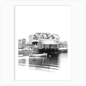 Peggy's Cove Nova Scotia Canada Black And White Minimalist Boho Art Print of a Serene Maritime Scenery in a Fishing Town on the coast of the ocean Art Print