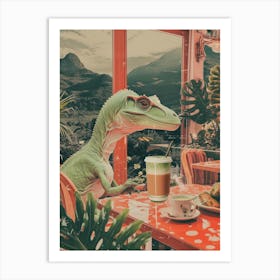 Dinosaur Drinking A Matcha Latte Retro Abstract Collage 1 Art Print