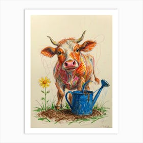 Cow With Watering Can Art Print