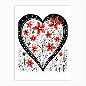 Heart Red & Black Linocut Style White Background 6 Art Print