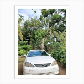 White Car Parked In A Garden Art Print