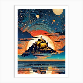 Mont Saint Michel - Normandy, France - Magical Fairytale Caste - Futuristic Abstract Fantasy Psychedelic Trippy Mandala Artwork Yoga Fractals Cool Wall Decor Meditation Room Gift For Him European Cityscapes Art Print