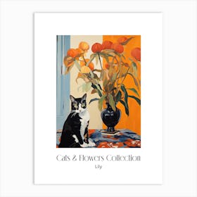 Cats & Flowers Collection Lily Flower Vase And A Cat, A Painting In The Style Of Matisse 1 Art Print