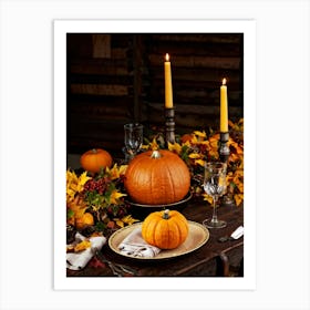 Autumnal Thanksgiving Table Setting Centering An Organic Pumpkin Surrounded By A Bounty Of Golden (3) Art Print