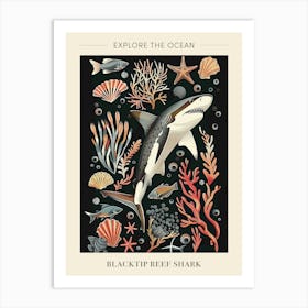 Blacktip Reef Shark Seascape Black Background Illustration 1 Poster Art Print