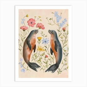 Folksy Floral Animal Drawing Seal 4 Art Print