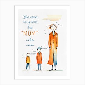 Mom and Children Watercolor Painting Art Print