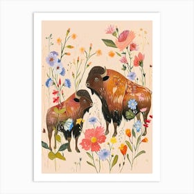 Folksy Floral Animal Drawing Bison 4 Art Print