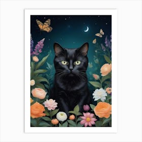 Black Cat In Flowers 8 Art Print