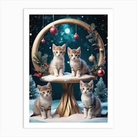 Christmas Kittens Sitting on Stand Art Print