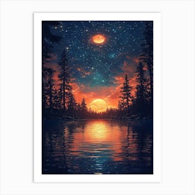 Starry Sky Over Lake 14 Art Print