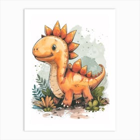 Cute Cartoon Stegosaurus Dinosaur Watercolour 1 Art Print