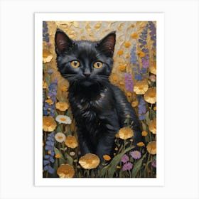 Klimt Style Black Kitten Cat in English Garden Wild Flowers Gold Leaf Painting - Gustav Klimt Monet Waterlillies HD High Resolution Poppies Art Print