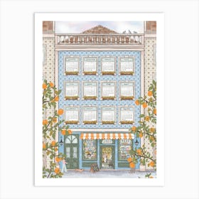 Calendar 2025 Portuguese building with orange tree in blue and bronze Art Print