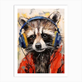 A Raccoon Wearing Headphones In The Style Of Jasper Johns 1 Art Print