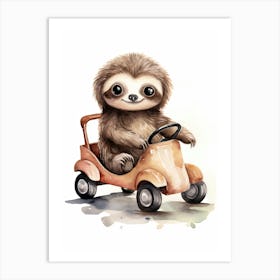 Baby Sloth On A Toy Car, Watercolour Nursery 1 Art Print