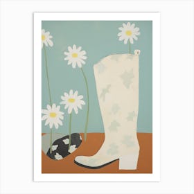 A Painting Of Cowboy Boots With Daisies Flowers, Pop Art Style 9 Art Print