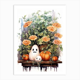 Cute Bedsheet Ghost, Botanical Halloween Watercolour 56 Art Print