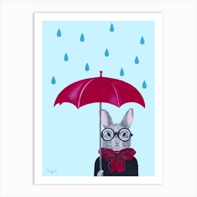 Rabbit With Red Umbrella In The Rain Art Print