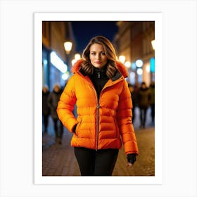 Woman in down jacket, walking in luminous city at night 4 Art Print