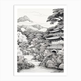 Yufuin In Oita, Ukiyo E Black And White Line Art Drawing 1 Art Print