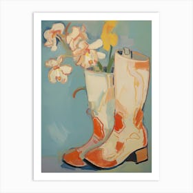 Painting Of White Flowers And Cowboy Boots, Oil Style 4 Art Print