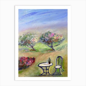 Garden Pleasure painting hand painted wine trees furniture blossom flowers green blue impressionism kitchen living room Art Print