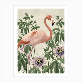 Lesser Flamingo And Passionflowers Minimalist Illustration 1 Art Print