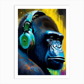 Gorilla With Headphones Gorillas Bright Neon 1 Art Print