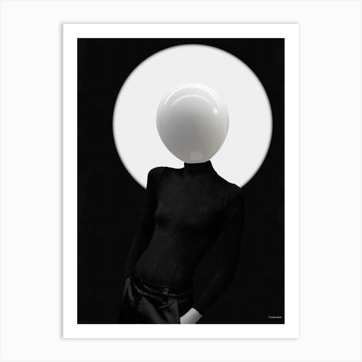 gothic minimalist art print: black and white portrait with glass bulb on individuals shoulders