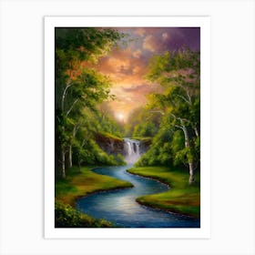 Waterfall At Sunset Art Print