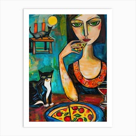 Portrait Of A Woman With Cats Eating Pizza 1 Art Print