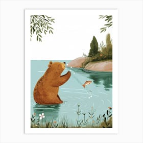 Brown Bear Catching Fish In A Tranquil Lake Storybook Illustration 4 Art Print